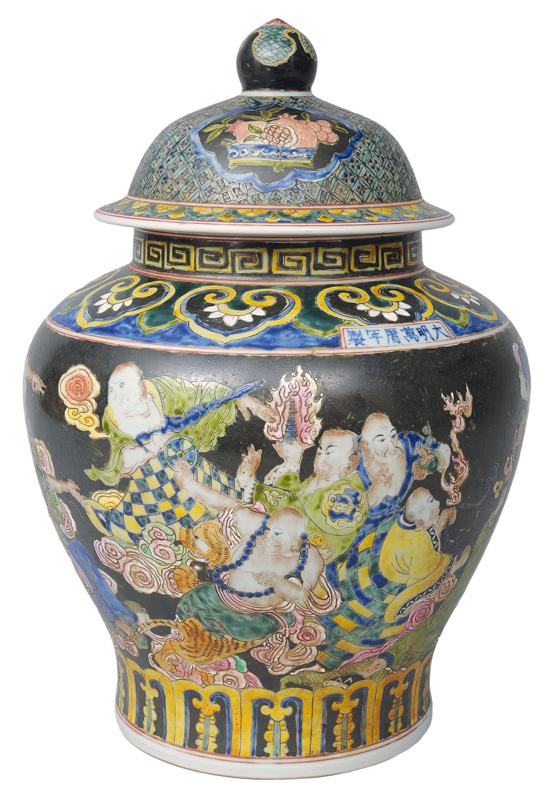 A tall Famille-Noire cover vase with mythological scene