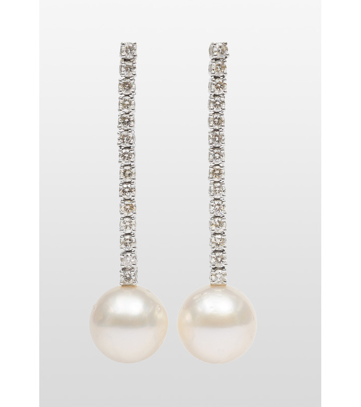 A pair of Southsea pearl earpendants with diamonds