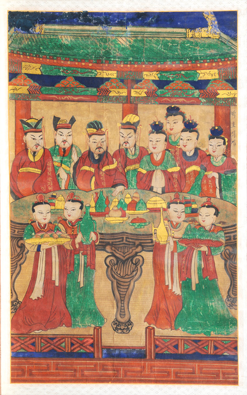 A framed scroll painting of an ancestor group A framed scroll painting of an ancestor group