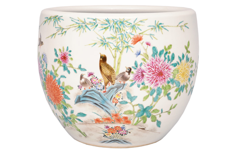 A fine cachepot with chrysanthemum and birds