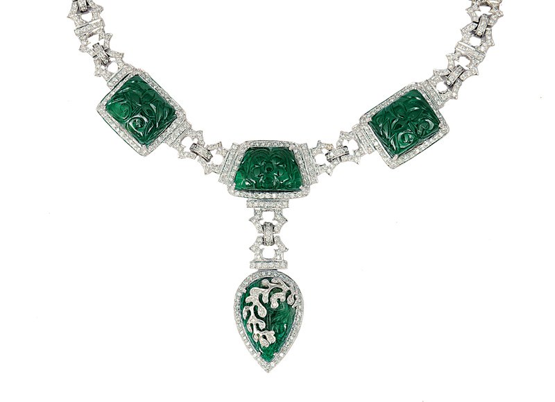 An extraordinary, highcarat emerald diamond necklace in the style of Art-déco