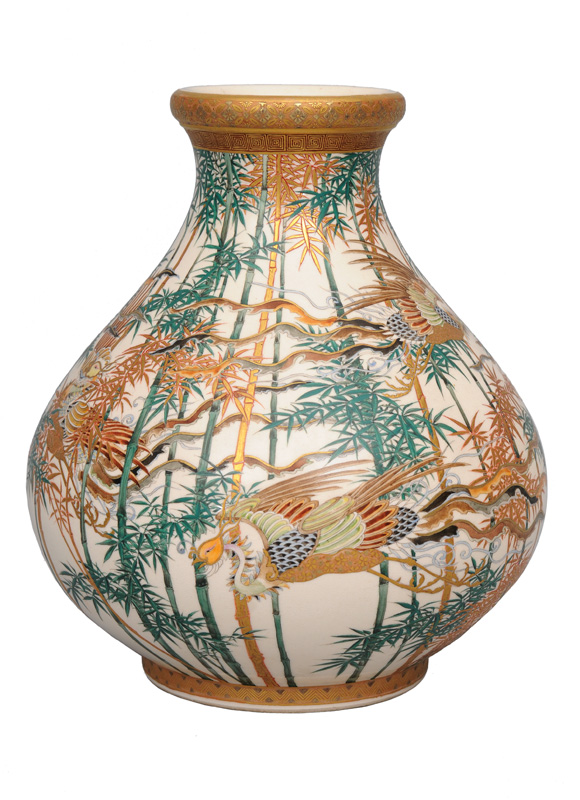 A fine Satsuma vase with flying phoenix birds among bamboo