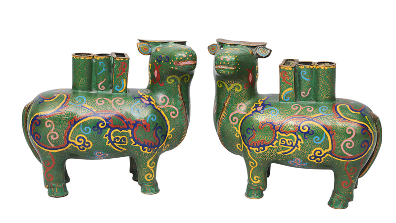 A pair of cloisonné ox-shaped vessels