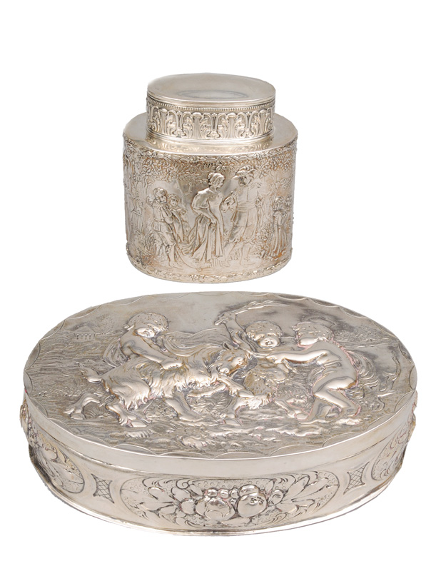 A tea caddy and a box with reliefed putti scene