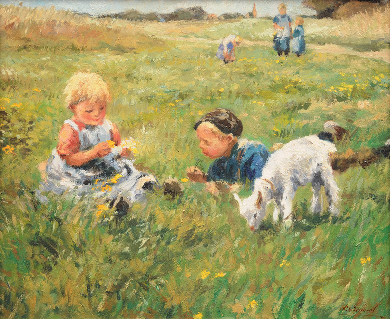 Kinder im Gras mit Zicklein