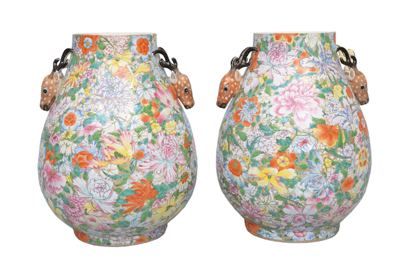 An pair of Millefleurs vases with deer-head handles