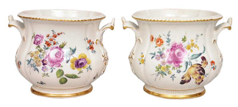 A pair of fine cachepots with flower painting