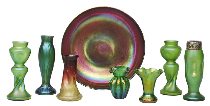 Seven Art Nouveau vases with one bowl