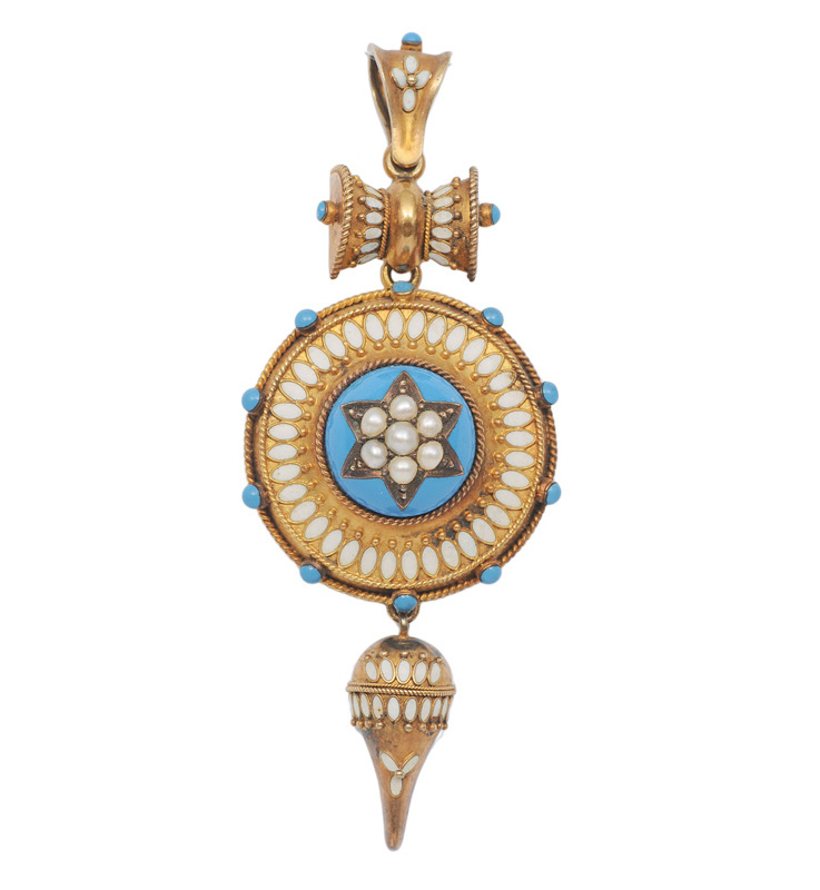 A pendant in antique style with turquoise and pearl ornament