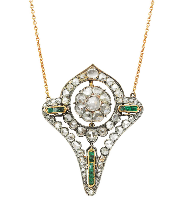 An Art-Noveau diamond emerald necklace