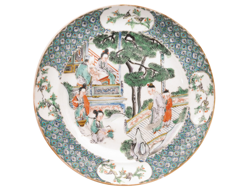 A fine Famille-Verte plate with garden scene