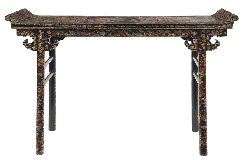 A splendid black-lacquer altar table with landscape painting and Fô-dogs