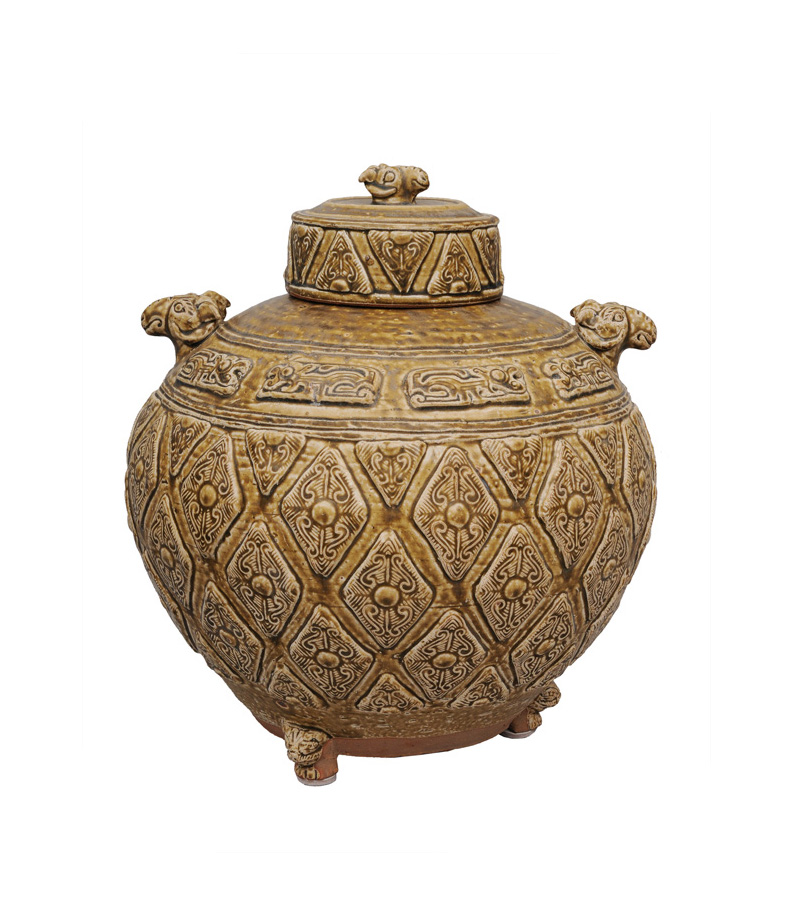 A very rare and large cover jar with plastical ram"s head handles