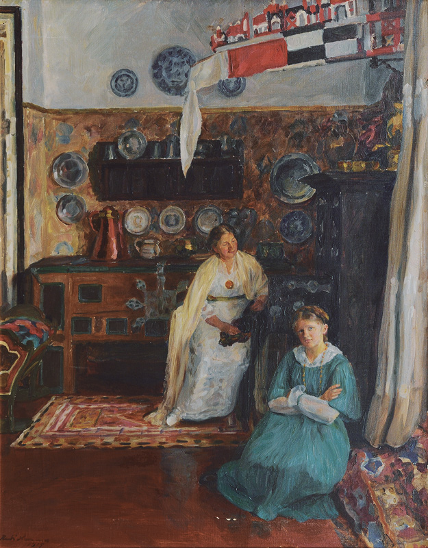 Zwei Frauen im Wohnzimmer mit Niddener Kurenwimpel