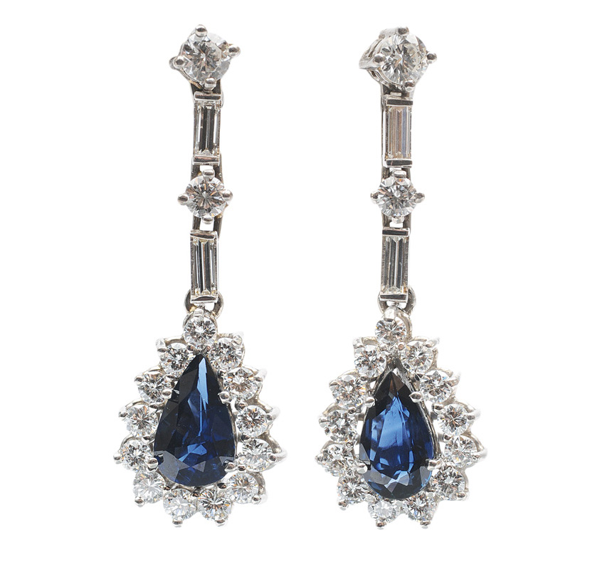 A pair of sapphire diamond earpendants A pair of sapphire diamond earpendants