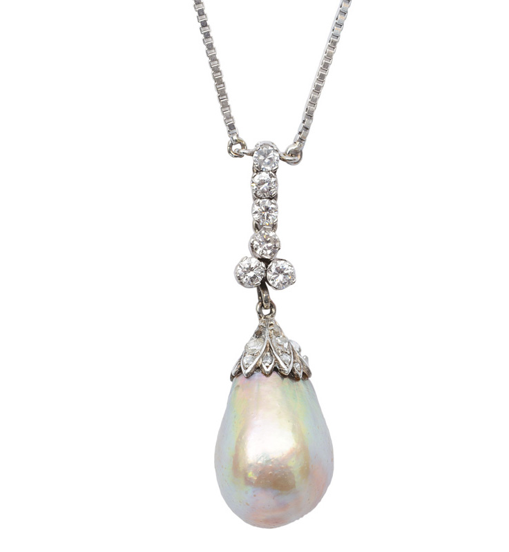 An Art-Nouveau pearl diamond pendant with necklace