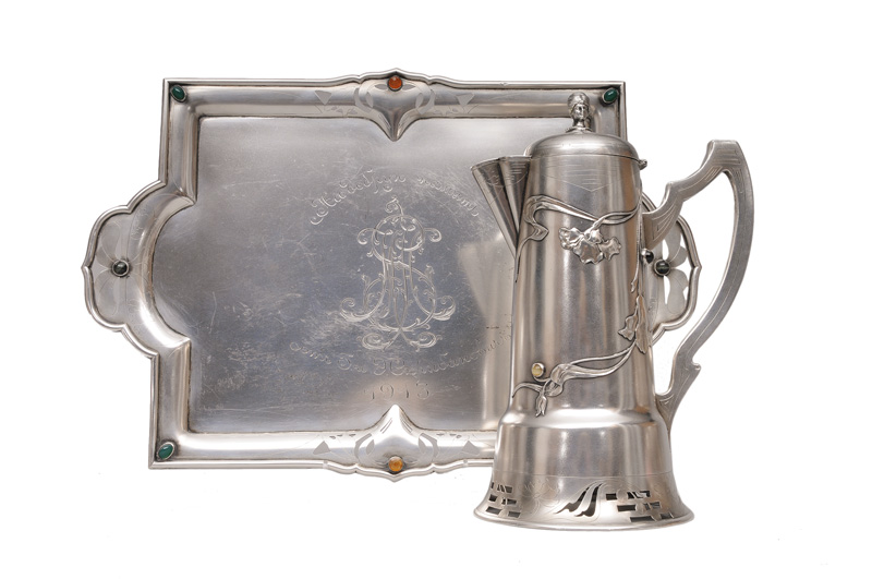 An extraordinary Art Nouveau can and a tray with semi-precious gem setting