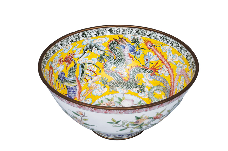A magnificent Canton enamel bowl with dragon and phoenix