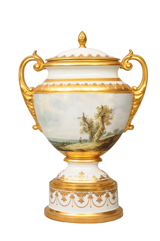 A rich amphora-vase with Dutch old master landscapes A rich amphora-vase with Dutch old master landscapes