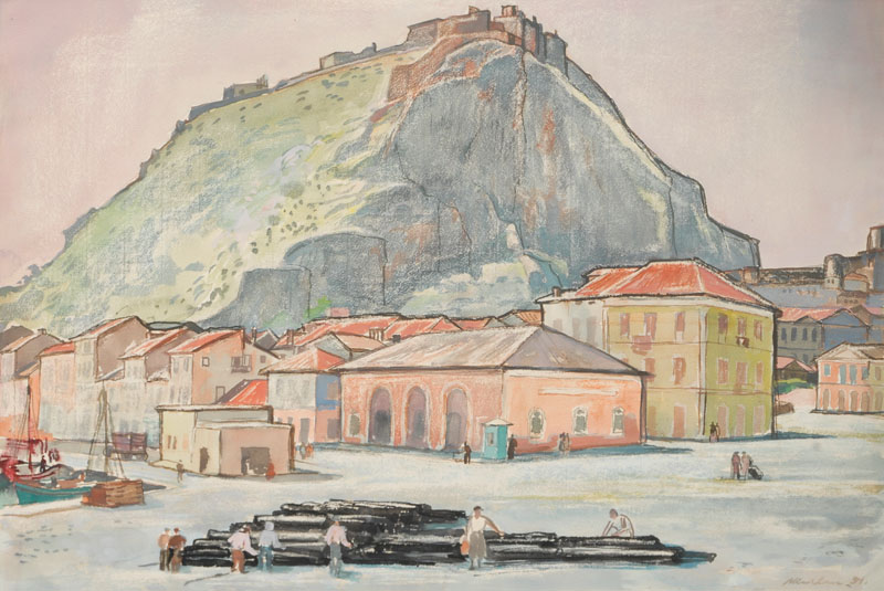 Paul Mechlen - Konvolut von 3 Aquarellen: Hafenstädtchen, Antike Tempelruine, Großstadtansicht Konvolut von 3 Aquarellen: Hafenstädtchen, Antike Tempelruine, Großstadtansicht