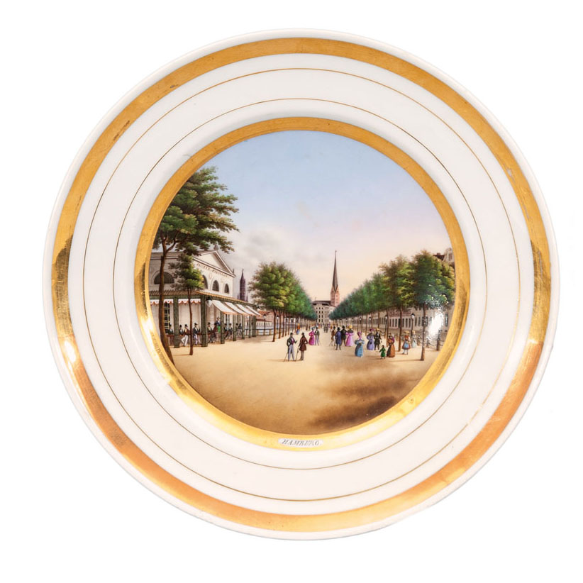 A topographical plate 'Jungfernstieg with Alsterpavillon' A topographical plate 'Jungfernstieg with Alsterpavillon'