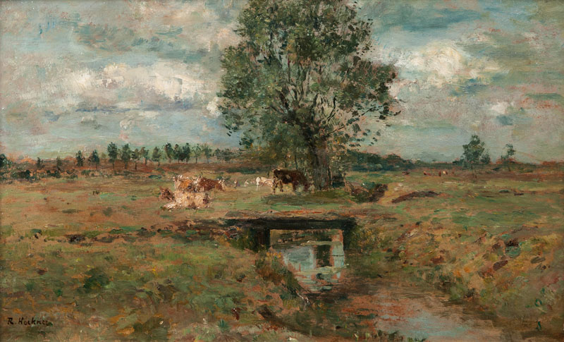 Landschaft mit Bach und Kühen