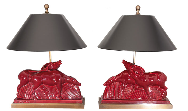 Paar Art-Déco-Tierfiguren 'Steinböcke' als Tischlampen