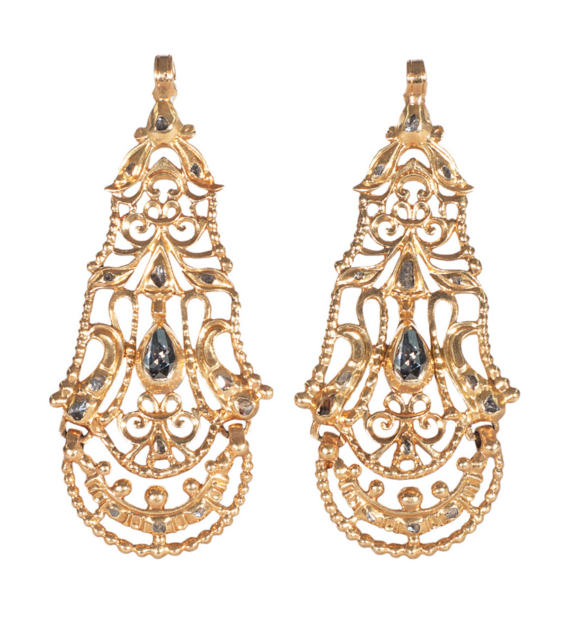 A pair of baroque golden pendants with diamonds