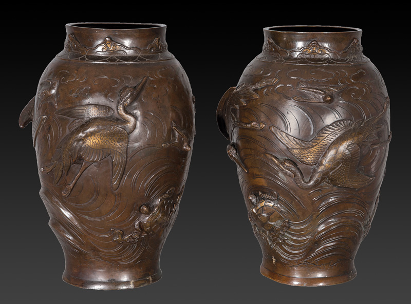 Paar Bronze-Vasen mit Kranichen und Schildkröten
