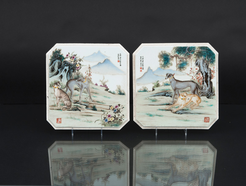 A set of 4 porcelain plaques with dogs in the style of Giuseppe Castiglione