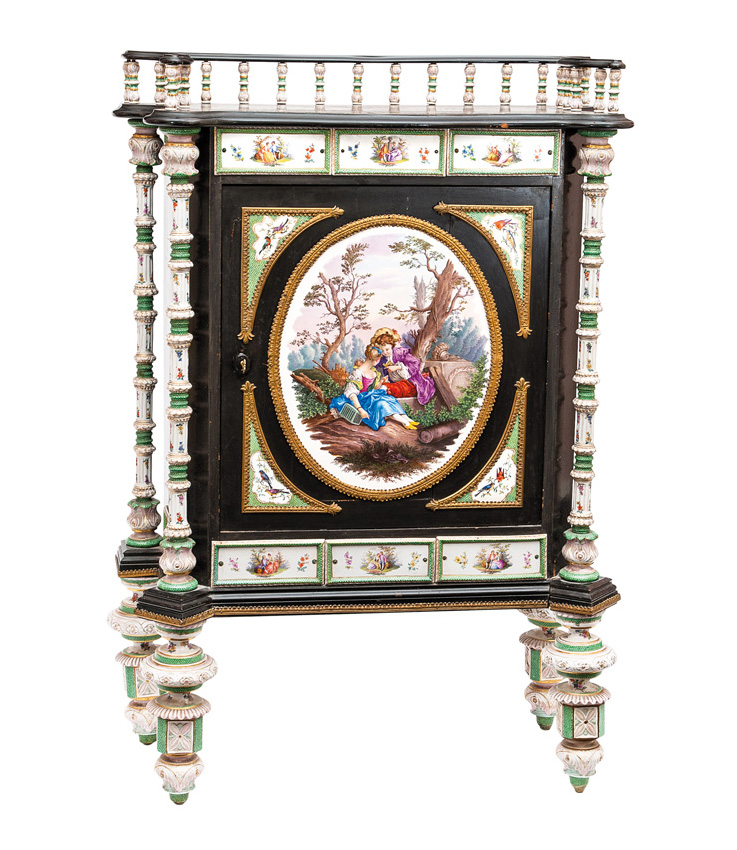 An exceptional porcelain plaques cabinet with Watteau scenes