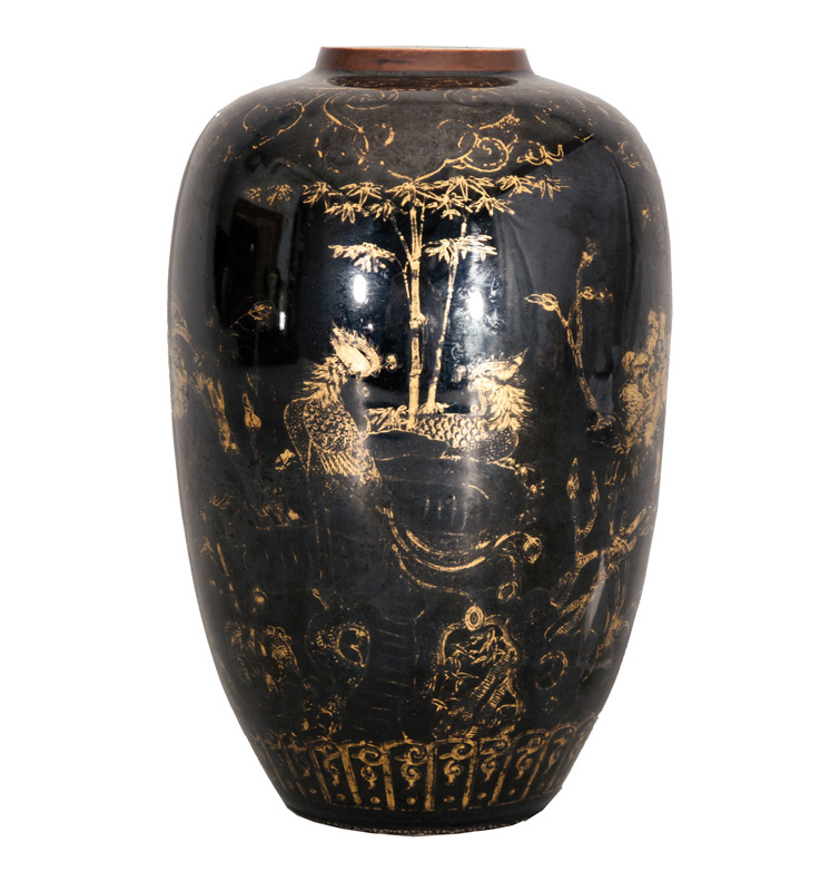 Ovoide 'Mirror black' Vase mit Phönix-Dekor