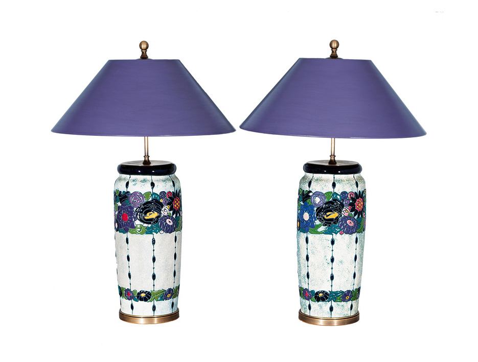 A pair of vividly coloured Art Nouveau vases as lamps