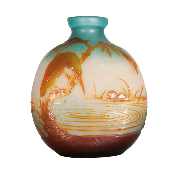 An Art Nouveau glass vase 'Pond landscape with Kingfisher'