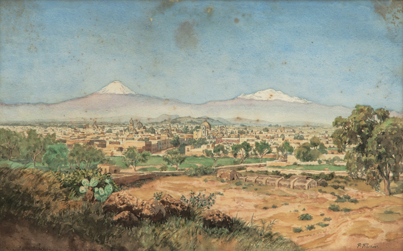 Die Stadt Puebla mit den Vulkanen Popocatépetl und Iztaccihuatl