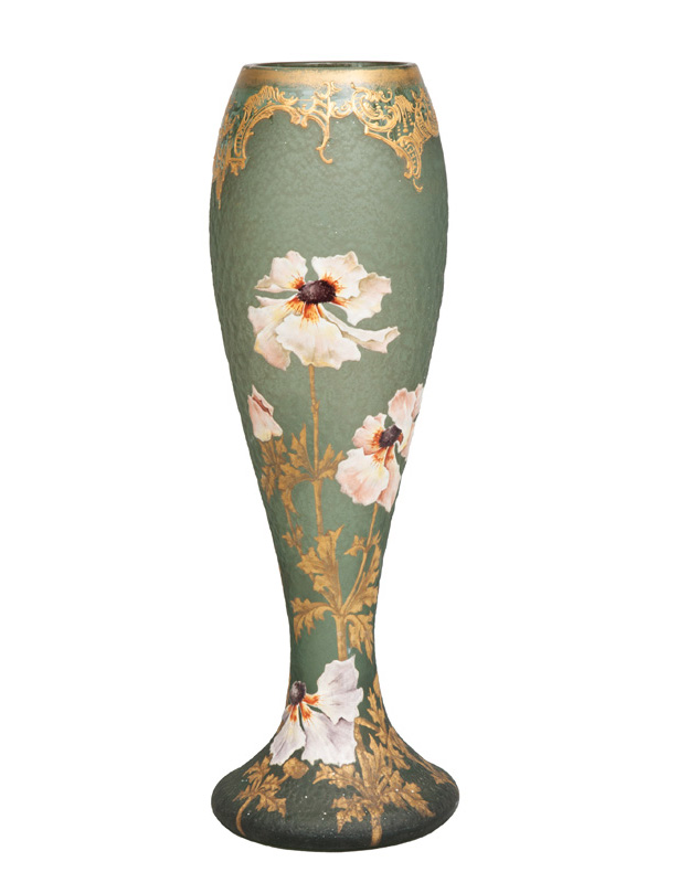 An Art Nouveau glass vase with poppy flowers