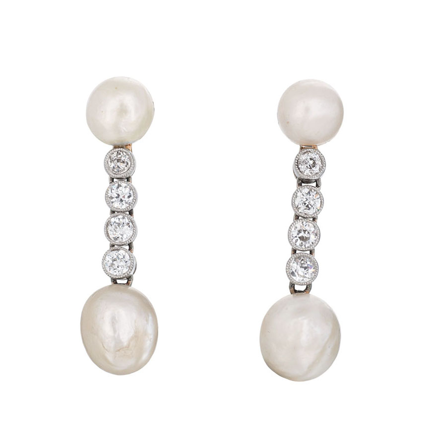 A pair of natural pearl diamond earpendants