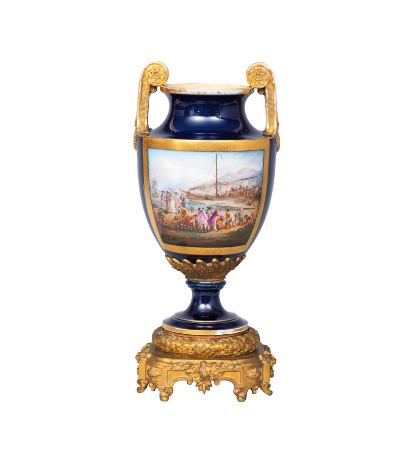 A cobalt-blue amphora vase with harbor scene