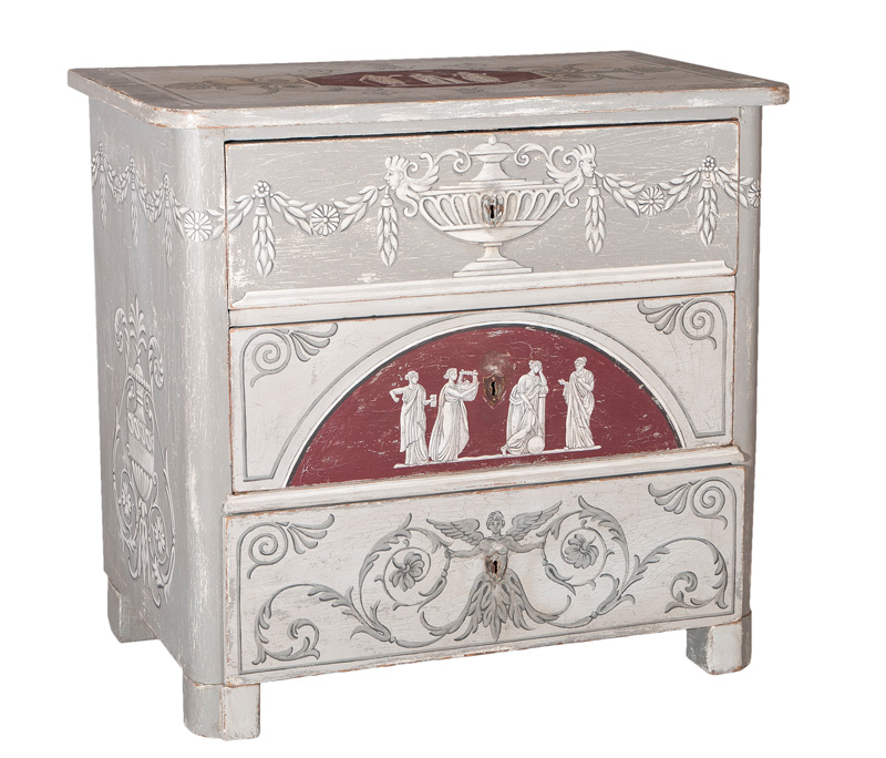 A painted chest of drawers with antique-like muses painting