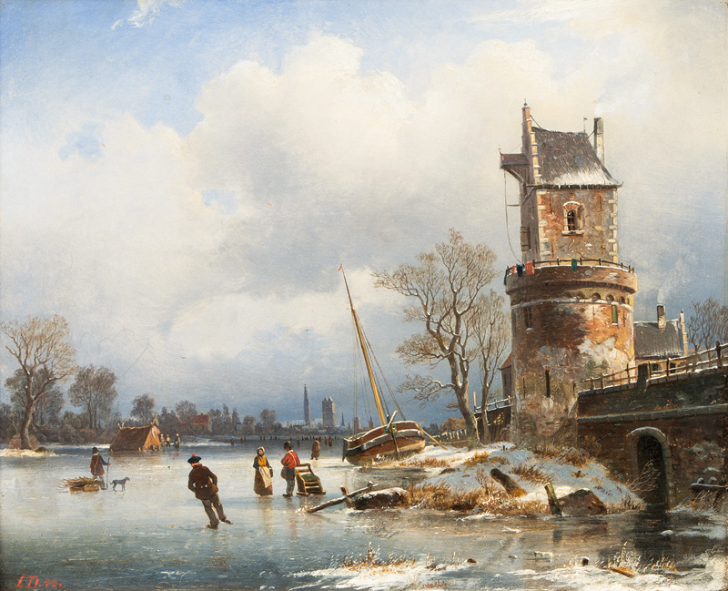 Frozen River with Panoramic View of a Town