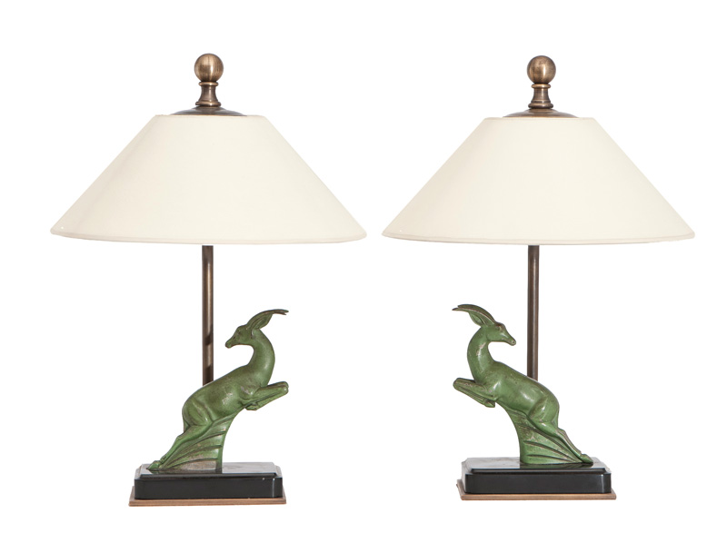 A pair of Art Deco table lamps with gazelles
