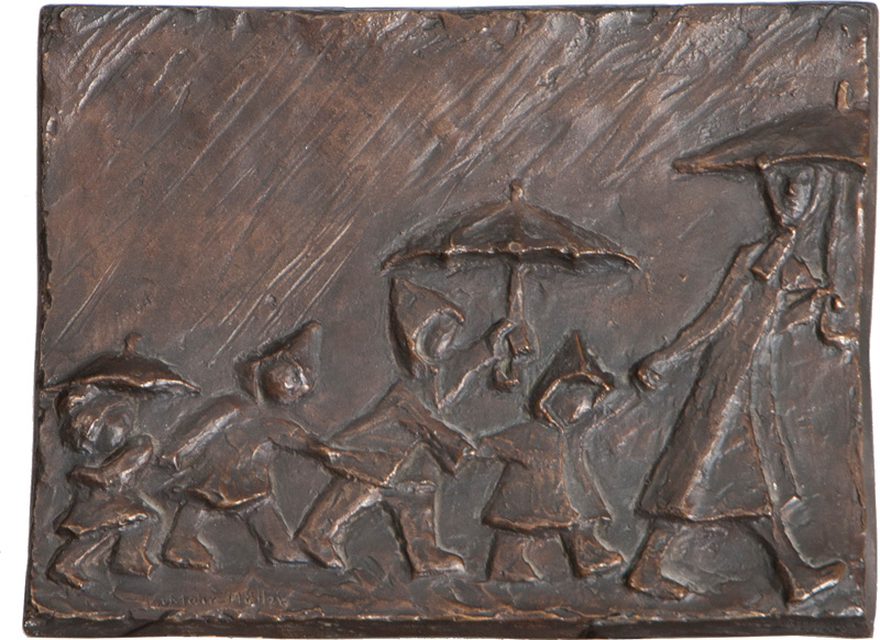 Bronze-Relief 'Spaziergang im Regen'