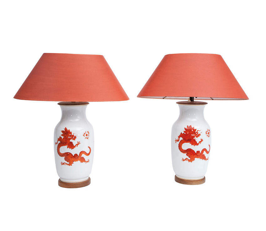A pair of elegant 'Red Ming dragon' vase lamps