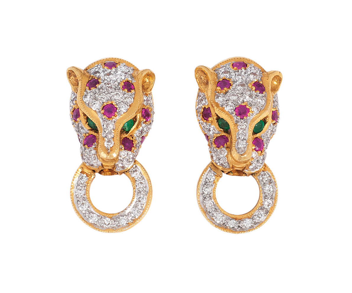 A pair of diamond ruby earstuds 'Leopard'