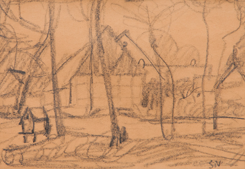 Häuser und Bäume mit Entenhaus an der Wümme