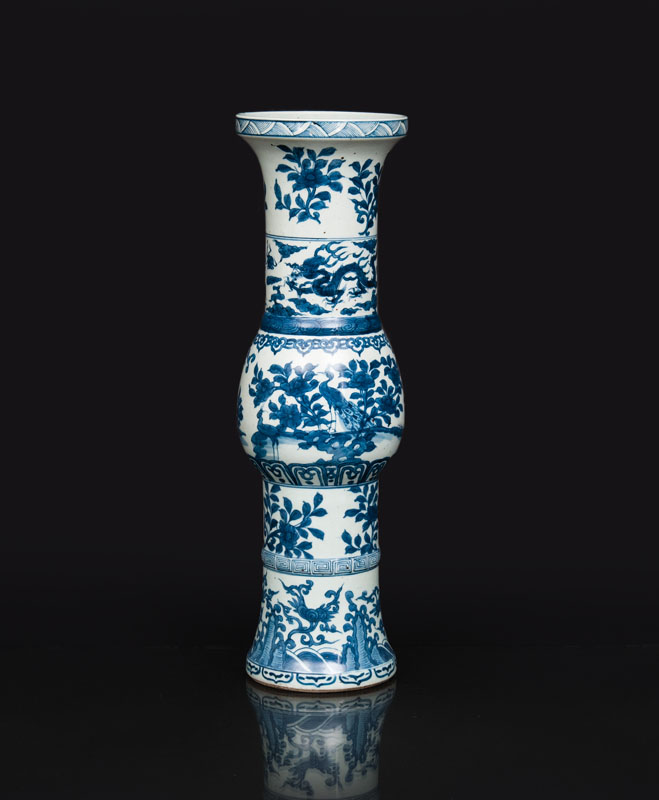 A tall GU beaker vase with dragons and peacocks