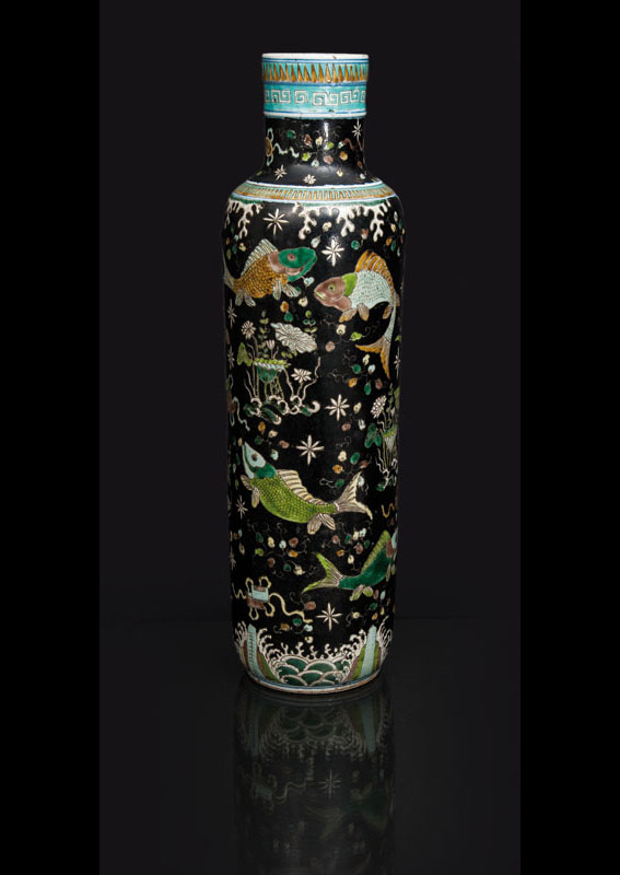 A tall 'Famille Noire' rouleau vase with fishes