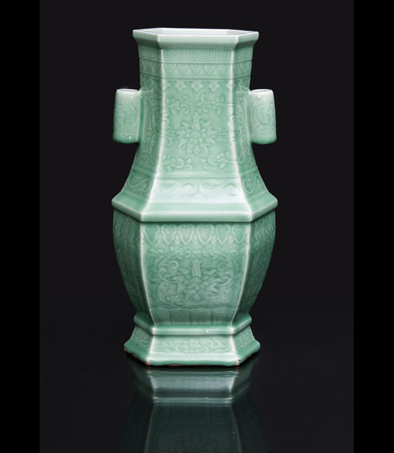 A celadon vase 'HU' with delicate relief decoration