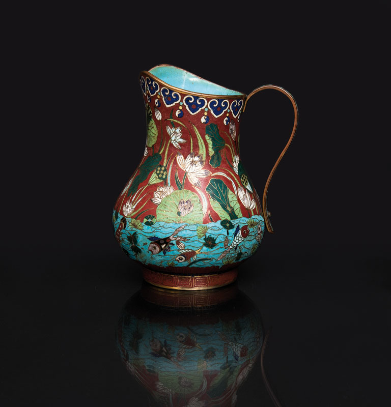A rare cloisonené jug with lotus pond and fishes