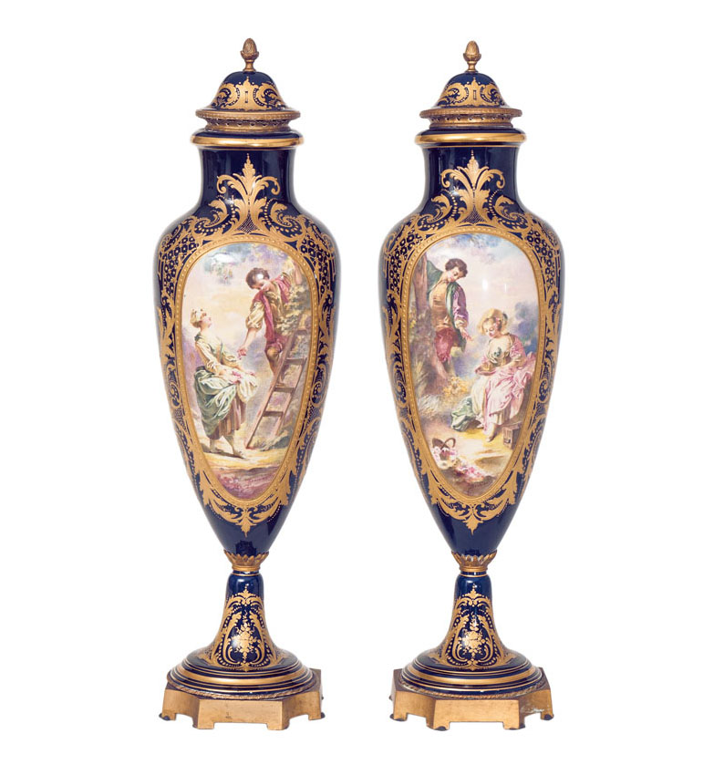 A pair of Sèvres-style vases with romantic scenes